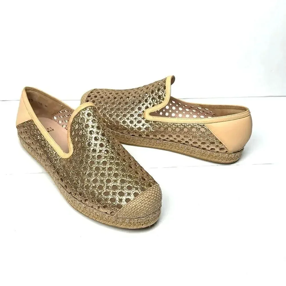 NWOB Stuart Weitzman County Glitter Espadrille Flat Sand Gold US 10